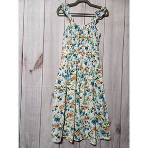 Peyton Parker Floral Dress White Orange Blue Ruffle Strap Midi Cotton XS